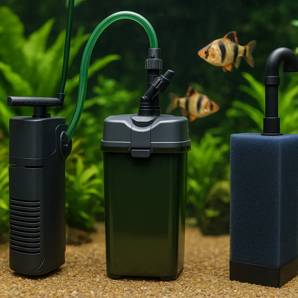 Drei Aquariumfilter – Innenfilter, Außenfilter und Mattenfilter – im bepflanzten Süßwasseraquarium mit Tigerbarben im Hintergrund