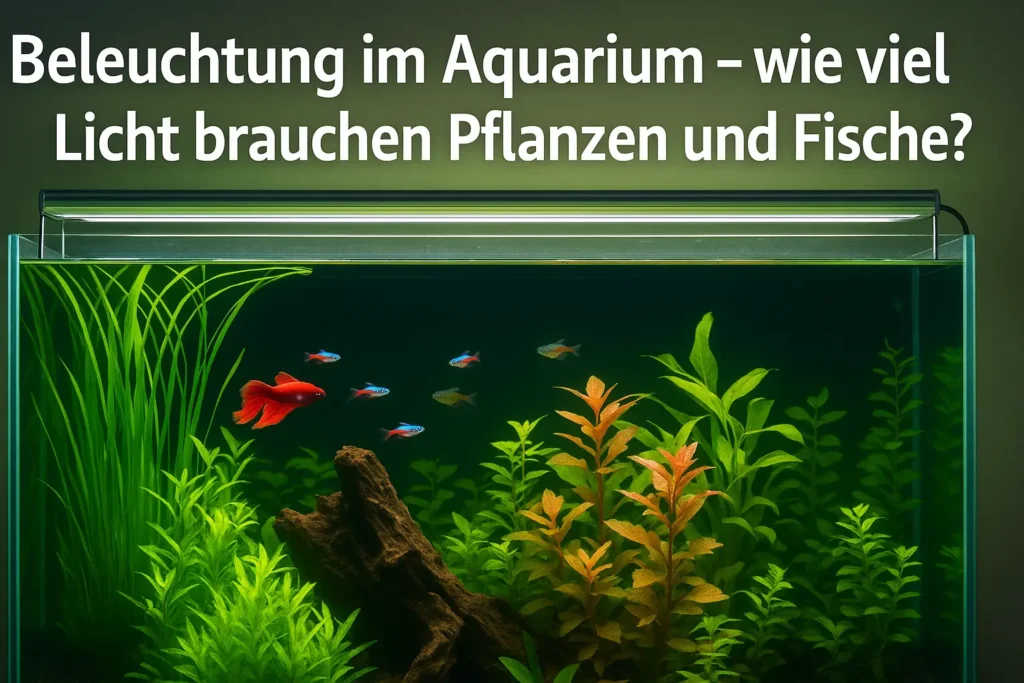 Aquarium mit LED-Beleuchtung, lebendigen Aquarienpflanzen und verschiedenen Zierfischen vor dunklem Hintergrund