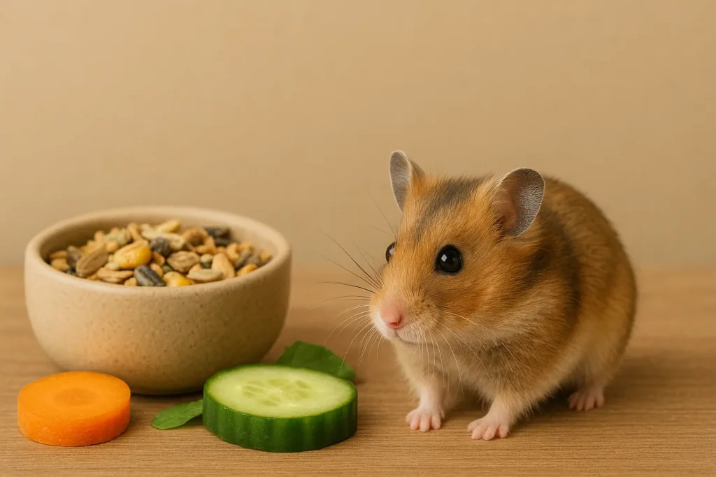 Syrischer Hamster neben einem Futternapf mit Körnern, Gurken- und Karottenscheiben auf Holztisch