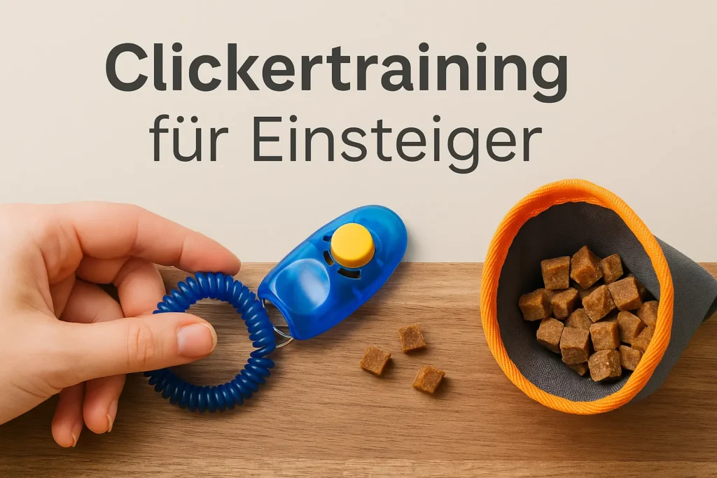 Blauer Clicker und Leckerli auf Holztisch – Symbolbild für Clickertraining mit Hunden