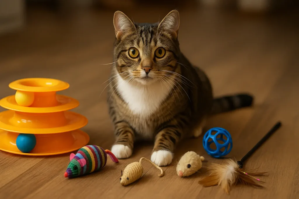 Getigerte Katze sitzt auf Holzfußboden zwischen Katzenspielzeug wie Maus, Ball und Federangel.