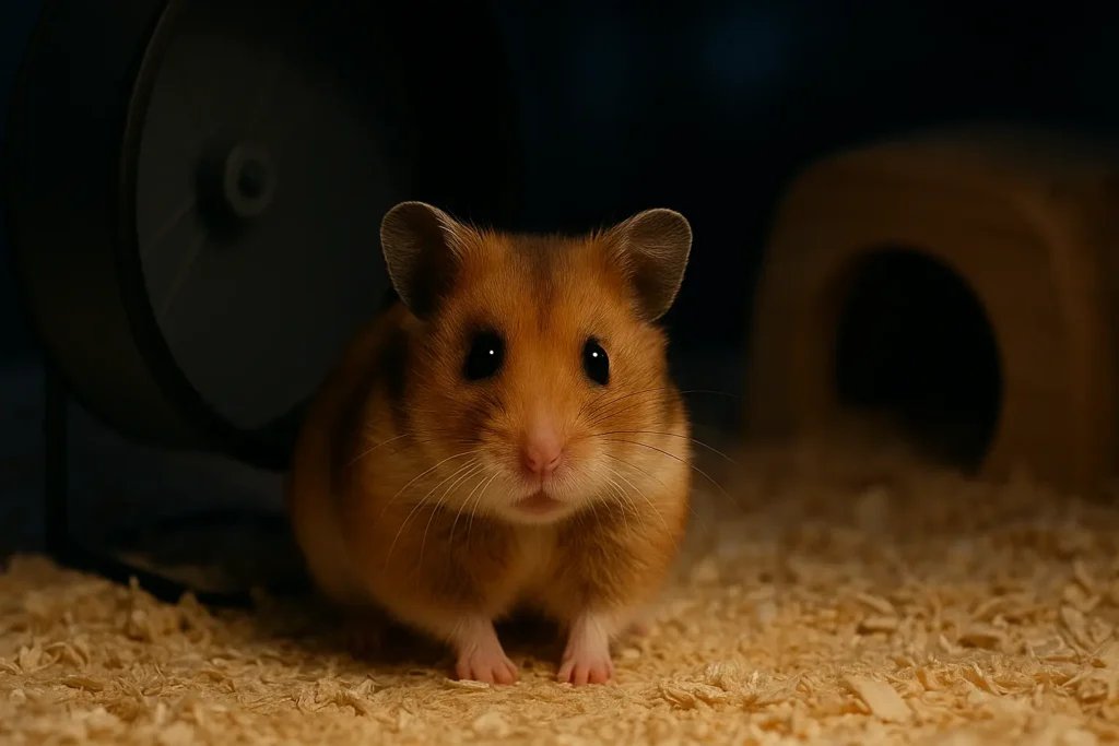 Ein Syrischer Goldhamster sitzt nachts wachsam auf Streu vor einem Laufrad und einem Holzhaus im Gehege.