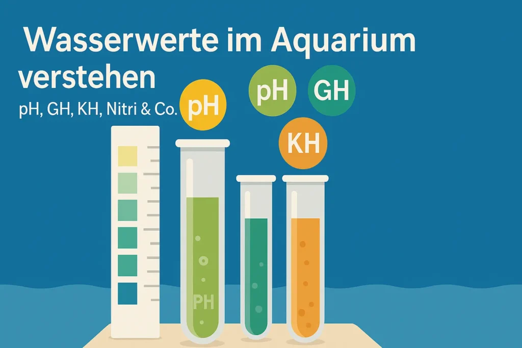 Grafik mit Wasserteststreifen, Reagenzgläsern und Symbolen für pH-, GH- und KH-Werte im Aquarium.