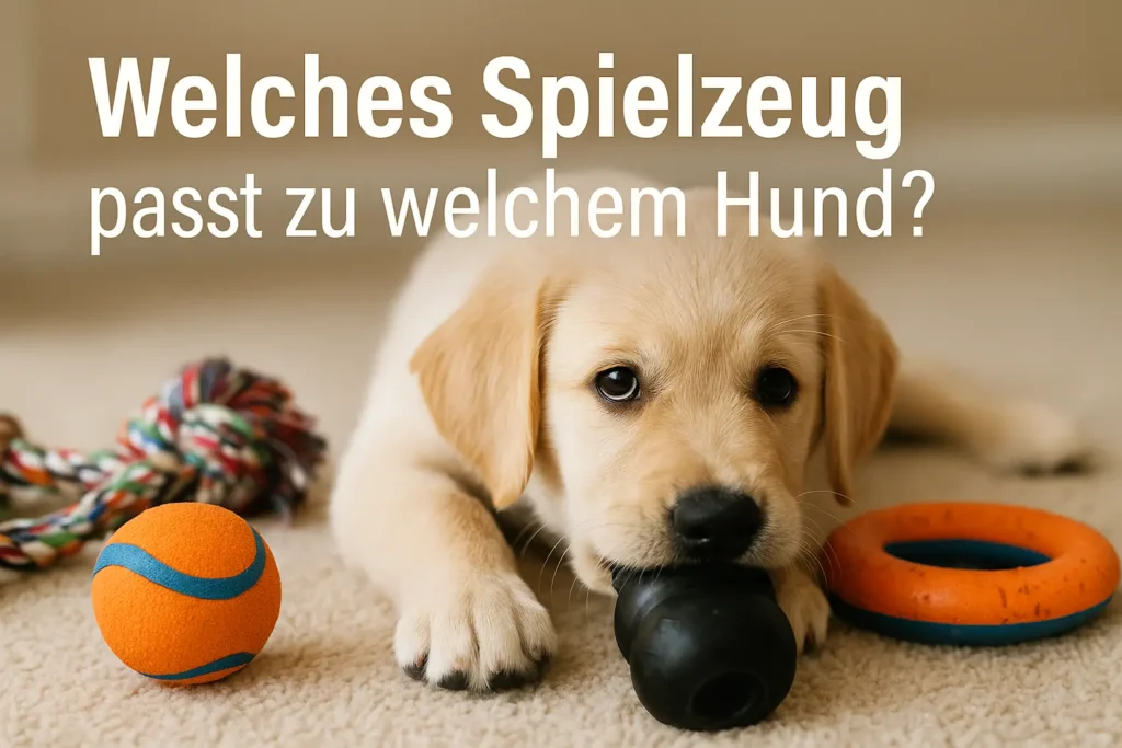 Labradorwelpe mit Kauspielzeug zwischen bunten Hundespielzeugen auf hellem Teppichboden