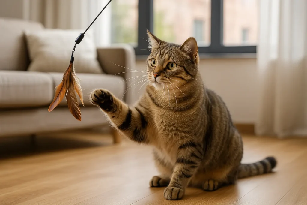 Getigerte Katze spielt mit Federangel auf dem Wohnzimmerboden vor dem Fenster