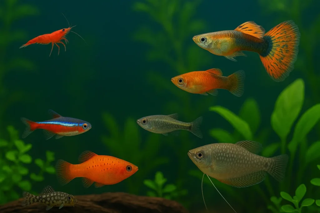Blick ins Aquarium mit bunten Fischen wie Guppy und Kampffisch, vor grüner Wasserpflanzenkulisse – perfekte Aquarienbewohner für Anfänger.