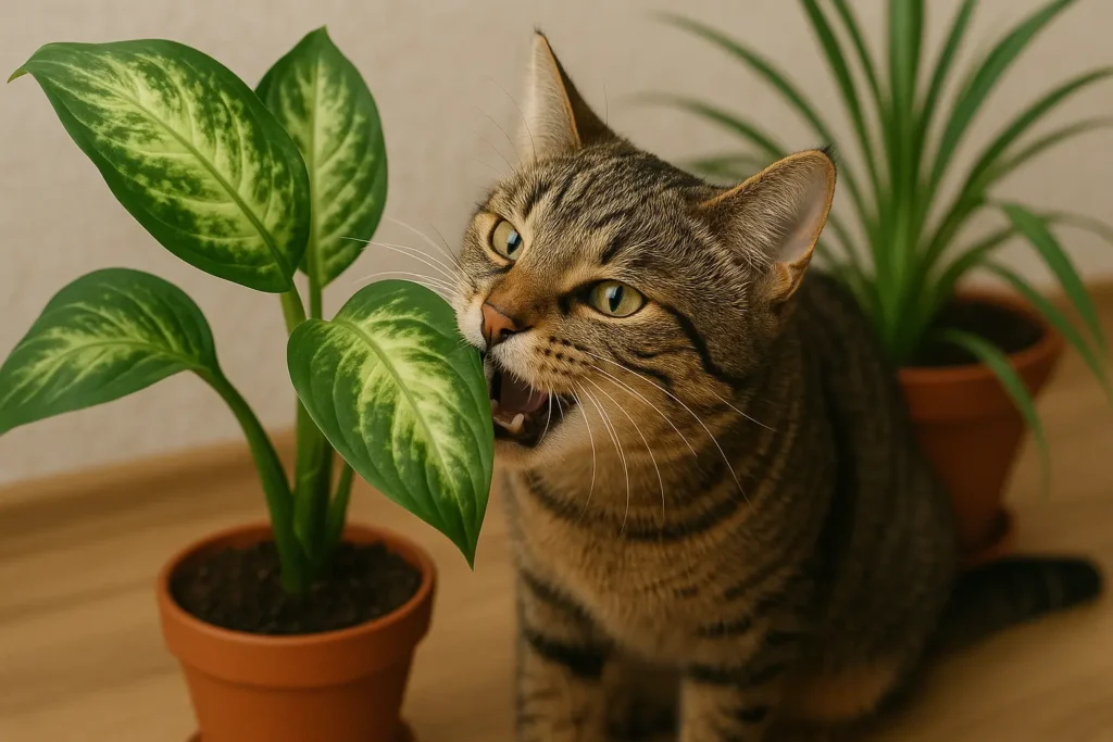 Eine getigerte Katze beißt in das Blatt einer Dieffenbachie, im Hintergrund stehen weitere Zimmerpflanzen in Töpfen.