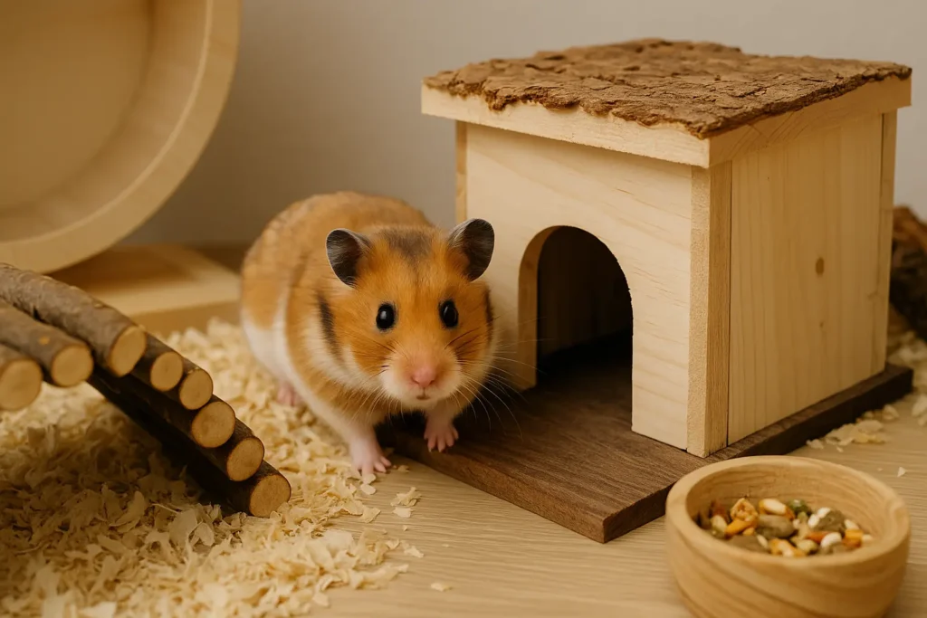 Goldbrauner Hamster vor selbstgebautem Holzhaus mit Futter- und Kletterelementen im Gehege