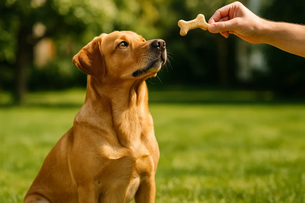 Labrador auf grüner Wiese schaut erwartungsvoll auf ein angebotenes Hundeleckerli in Knochenform.