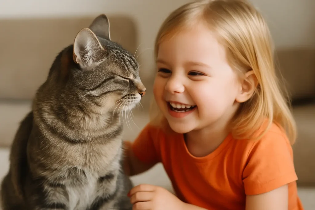 Kleines Mädchen lacht liebevoll mit einer grau getigerten Hauskatze auf dem Sofa – eine harmonische Szene zwischen Kind und Haustier