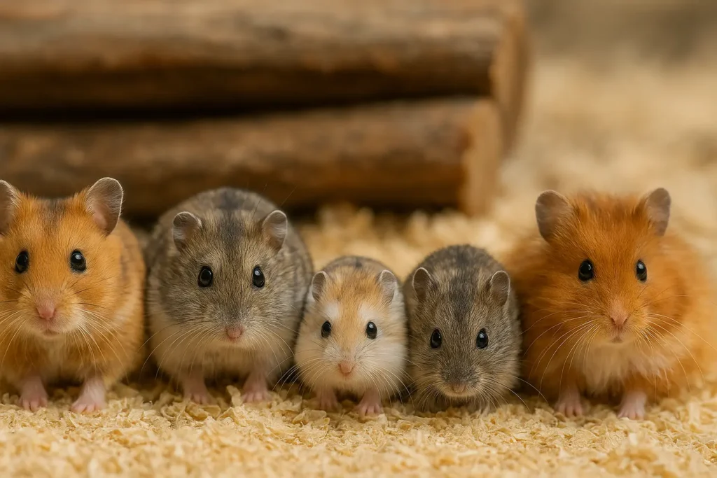 Fünf Hamster unterschiedlicher Rassen sitzen nebeneinander auf Streu im Gehege: Goldhamster, Dsungare, Roborowski, Campbell und Teddyhamster.
