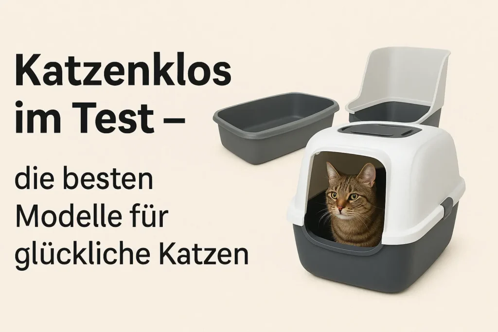 Drei verschiedene Katzenklo-Modelle, darunter ein geschlossenes Modell mit Katze, vor neutralem Hintergrund.