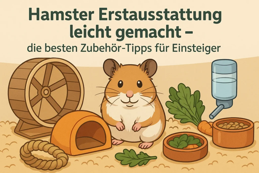 Hamster mit Laufrad, Häuschen, Futternapf und Wasserflasche als Beispiel für die Erstausstattung im Hamsterkäfig.