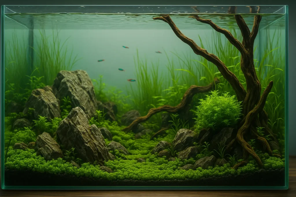 Aquascape im Aquarium mit Steinen, Wurzeln und dichter Bepflanzung.