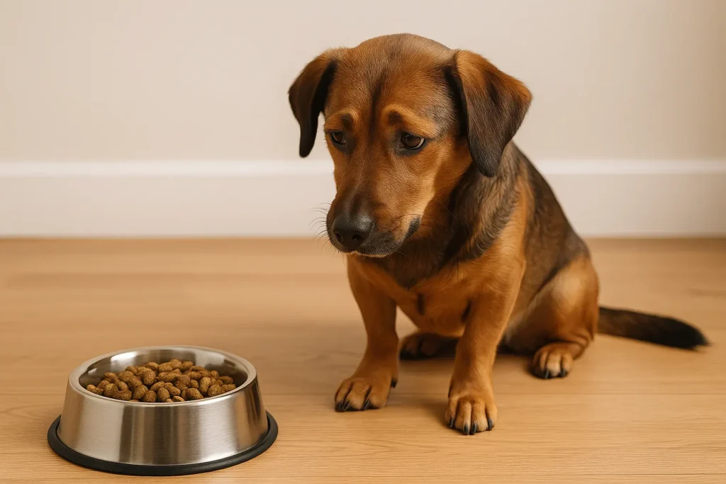 Ein Hund sitzt vor einem gefüllten Futternapf und schaut desinteressiert weg – Symbol für Appetitlosigkeit bei Hunden.