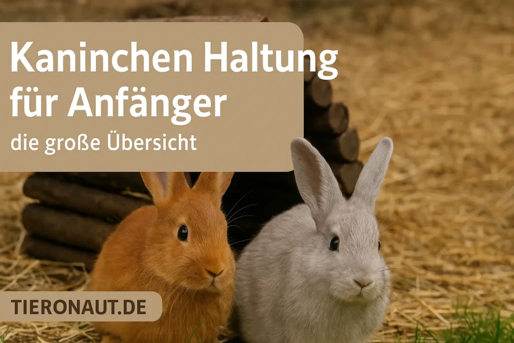 Zwei Kaninchen sitzen im Außengehege vor einem Holzhaus – artgerechte Kaninchenhaltung für Anfänger.