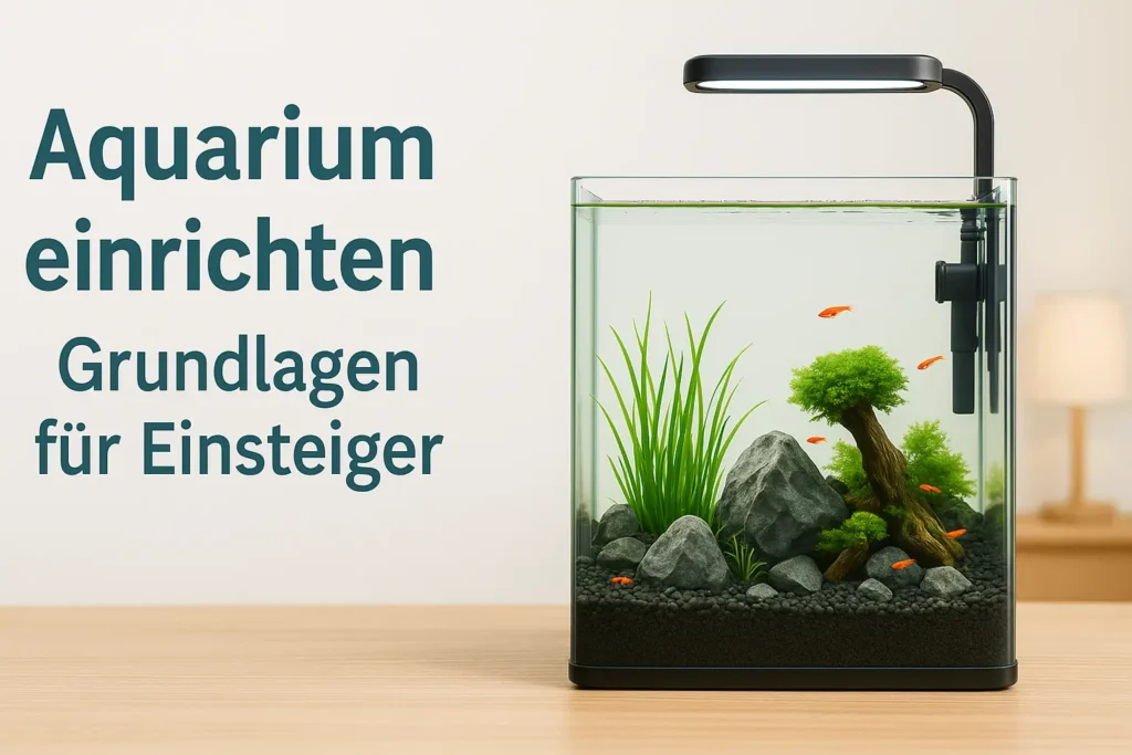 Modern eingerichtetes Nano-Aquarium mit Pflanzen, Garnelen und kleinen Fischen im Wohnzimmer, fotorealistisch