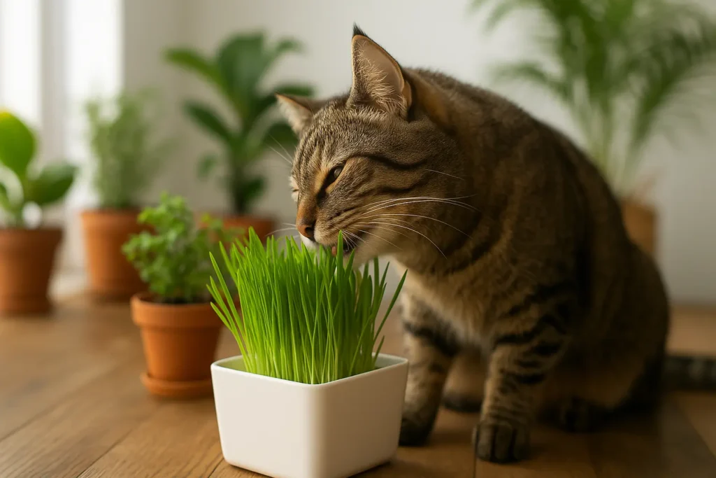Getigerte Hauskatze knabbert an frischem Katzengras im weißen Pflanztopf auf Holzboden.