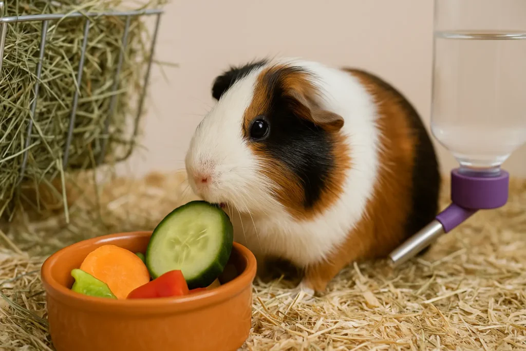 Tricolor-Meerschweinchen frisst frische Gurke aus einem Napf mit Gemüse, daneben Heu und Trinkflasche