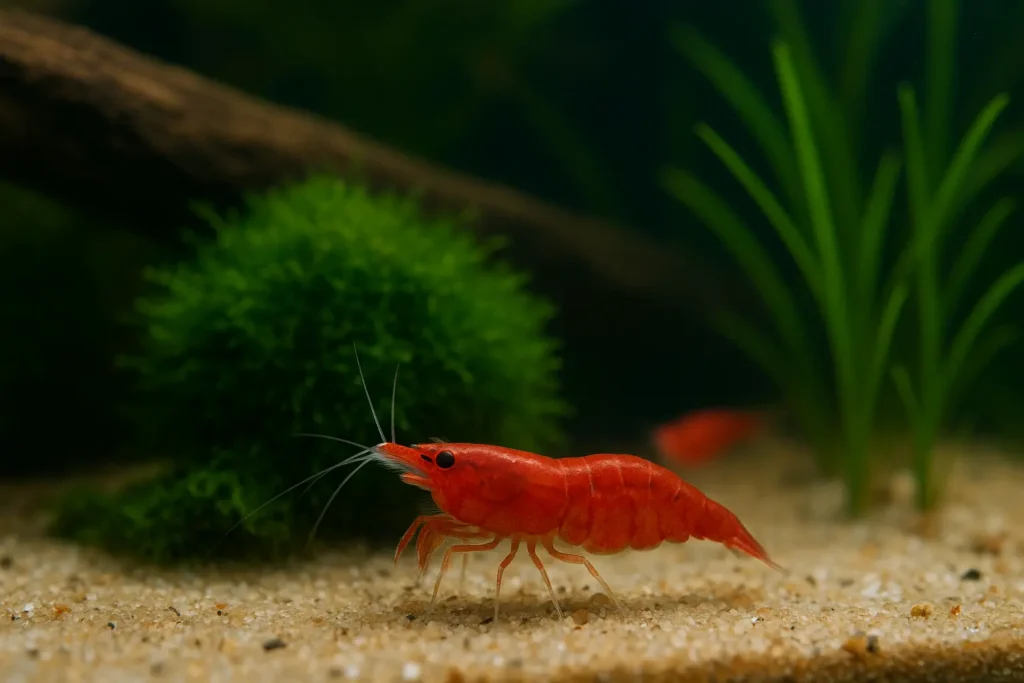 Rote Zwerggarnele auf Sandboden mit grünen Wasserpflanzen im Aquarium