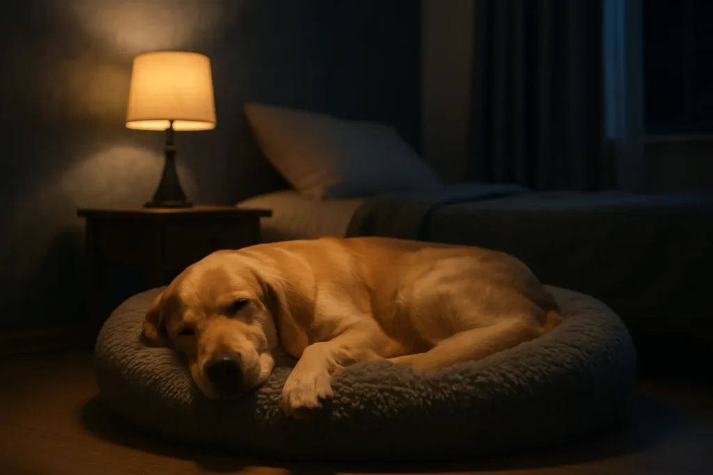 Golden Retriever schläft friedlich in einem Hundebett neben dem Bett seines Besitzers in einem ruhigen Schlafzimmer bei Nacht.