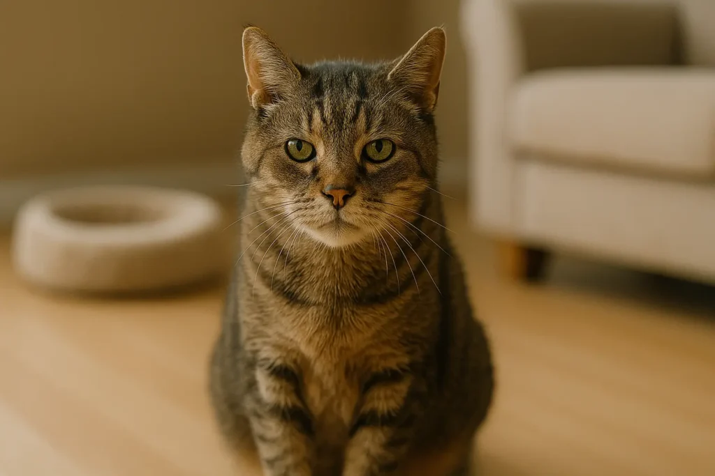 Alte Katze sitzt auf hellem Boden im Wohnzimmer mit Bettchen im Hintergrund