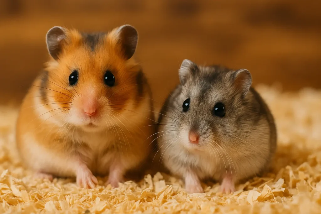 Goldhamster und Zwerghamster nebeneinander im Gehege auf Holzspänen