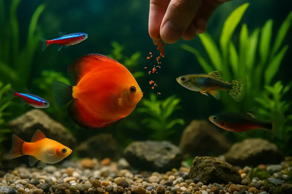 Bunte Zierfische wie Diskus, Neon und Guppy schwimmen in einem bepflanzten Aquarium, während eine Hand Futter ins Wasser gibt.