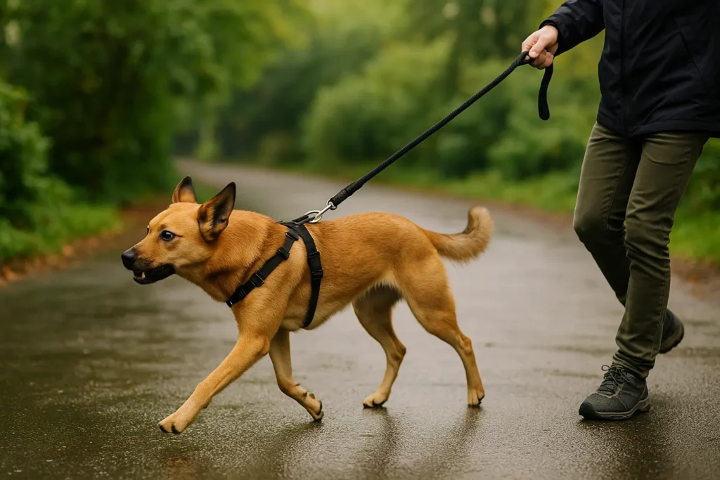 Hund zieht an der Leine beim Spaziergang, Besitzer hält die Leine fest – Symbolbild für Leinentraining und entspanntes Gassigehen.