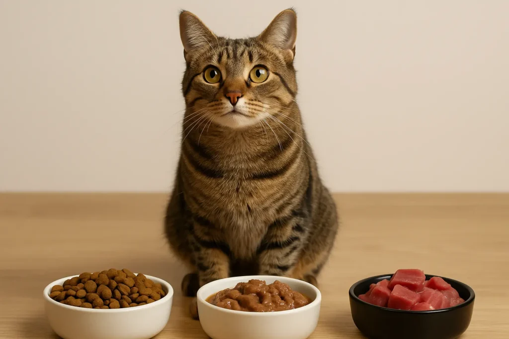 Getigerte Katze sitzt vor drei Futterschalen mit Trockenfutter, Nassfutter und rohem Fleisch – Symbolbild für Katzenernährung.