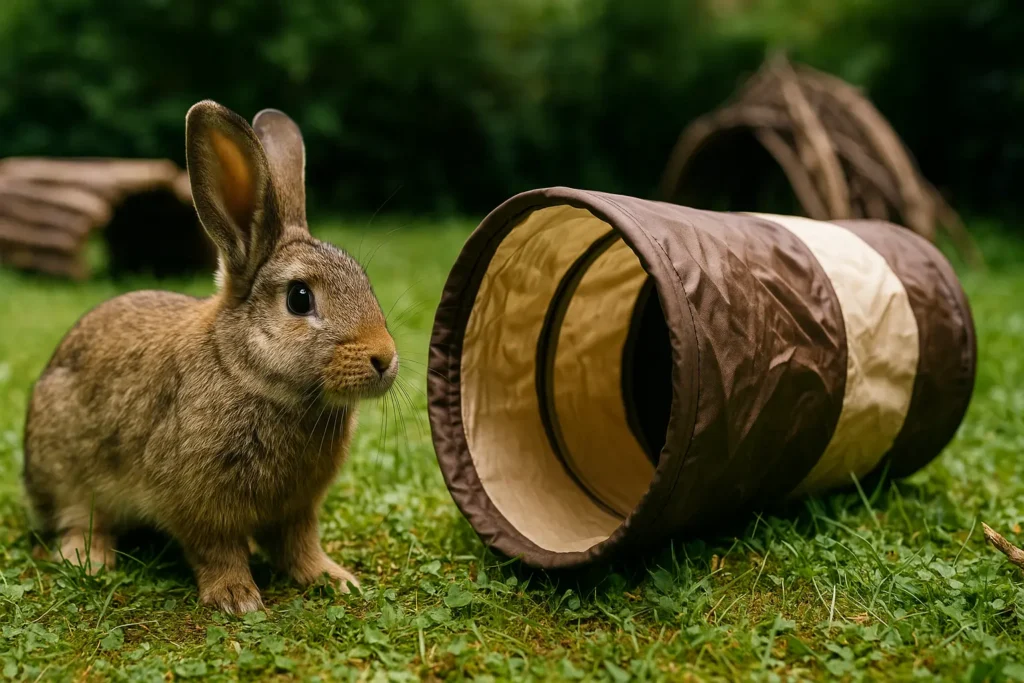 Braunes Kaninchen sitzt neugierig neben einem Spieltunnel im Garten – Symbol für artgerechte Beschäftigungsideen.
