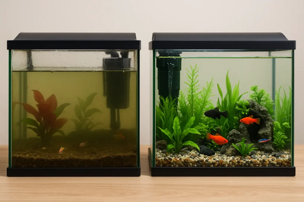 Links ein trübes Aquarium mit wenigen Pflanzen und schlechtem Wasser, rechts ein sauberes, gut eingerichtetes Aquarium mit klarer Sicht, gesunden Fischen und kräftigen Pflanzen – typischer Vergleich von Anfängerfehlern und richtiger Pflege.