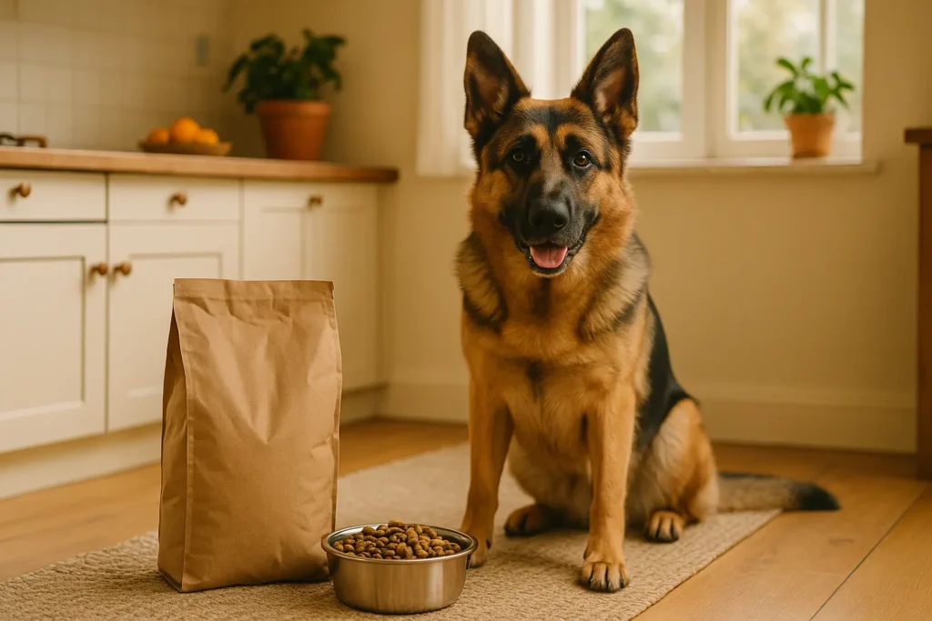 Schäferhund sitzt in einer warmen Küche vor einem Futternapf und einem Futtersack – symbolisiert eine gesunde Futterumstellung ohne Bauchprobleme.