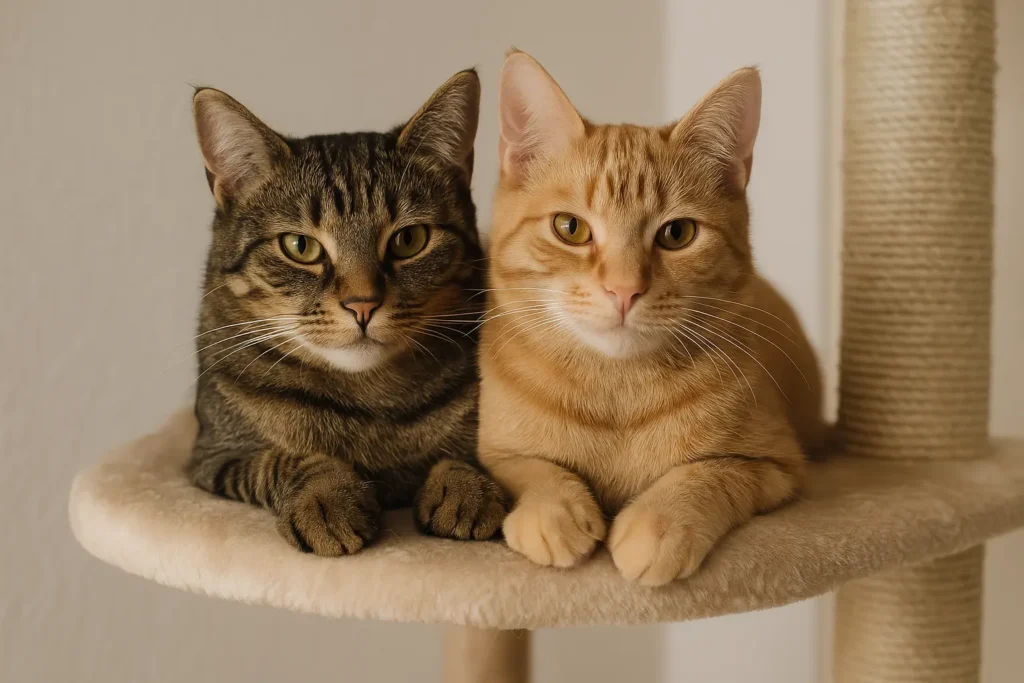 Zwei Katzen liegen entspannt zusammen auf einem großen Kratzbaum am Fenster und putzen sich gegenseitig – Symbol für Harmonie im Mehrkatzenhaushalt.