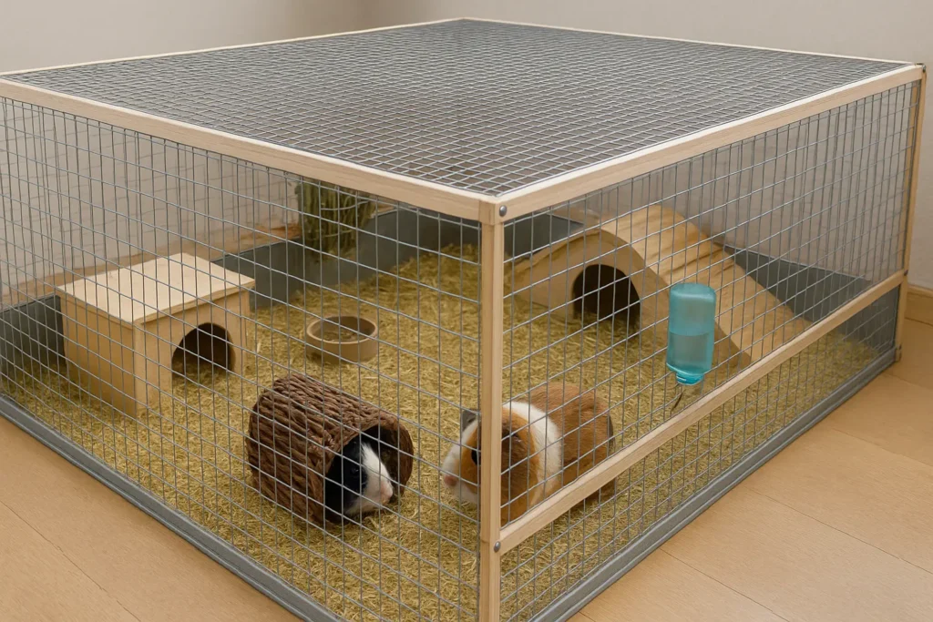 Fotorealistisches Bild eines eingerichteten Meerschweinchengeheges mit Holzhäuschen, Einstreu, Heuraufe und zwei Meerschweinchen.