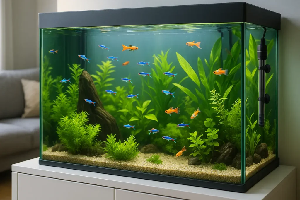 Süßwasseraquarium im Wohnzimmer mit Neonfischen, Guppys, grünen Wasserpflanzen und einem Heizstab an der Scheibe – Beispiel für richtige Temperaturregelung im Aquarium.