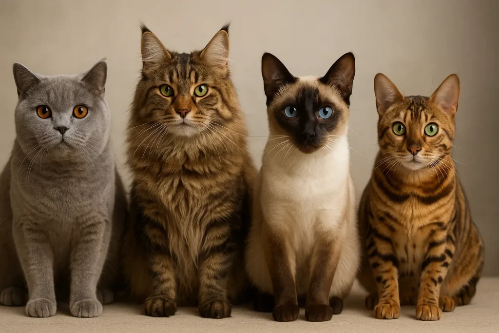 Vier verschiedene Katzenrassen – Britisch Kurzhaar, Maine Coon, Siamkatze und Bengalkatze – sitzen nebeneinander auf einem hellen Boden in wohnlicher Umgebung.