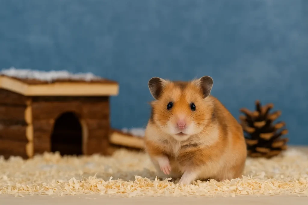 Hamster im Winter in seinem warmen Gehege mit Häuschen und Einstreu – Winterschlaf, Verhalten und Pflege