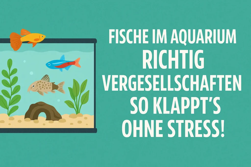 Fotorealistisches Aquarium mit bunten tropischen Fischen wie Guppys und Neonfischen zwischen grünen Wasserpflanzen und Wurzeln – Symbol für harmonische Vergesellschaftung im Aquarium.