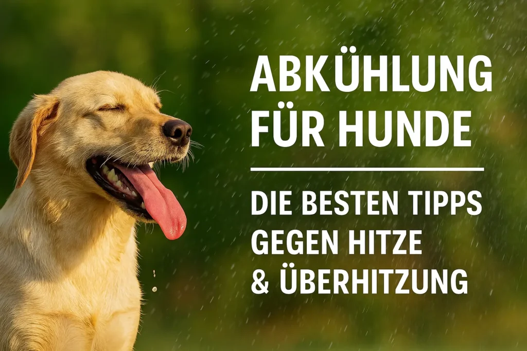 Glücklicher Hund kühlt sich im Sommer im Garten im Schatten ab, während Wasser auf sein Fell spritzt. Symbolbild für Abkühlung bei Hitze und Tipps gegen Überhitzung