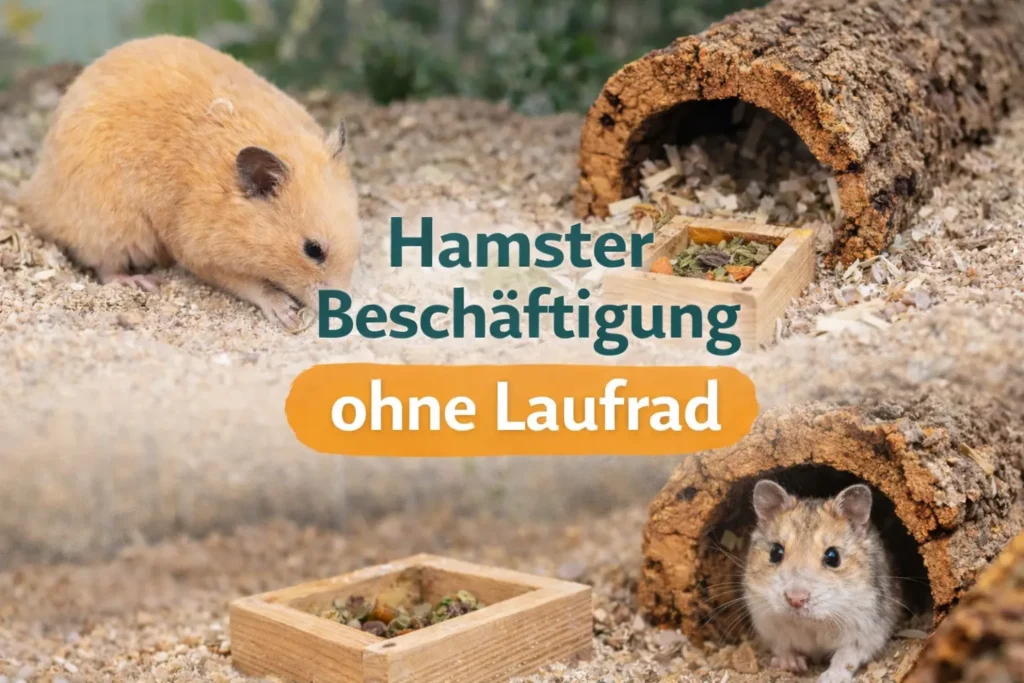 Hamster beschäftigt sich im Gehege mit Buddelmaterial, Futterversteck und Korkröhre als Alternative zum Laufrad.