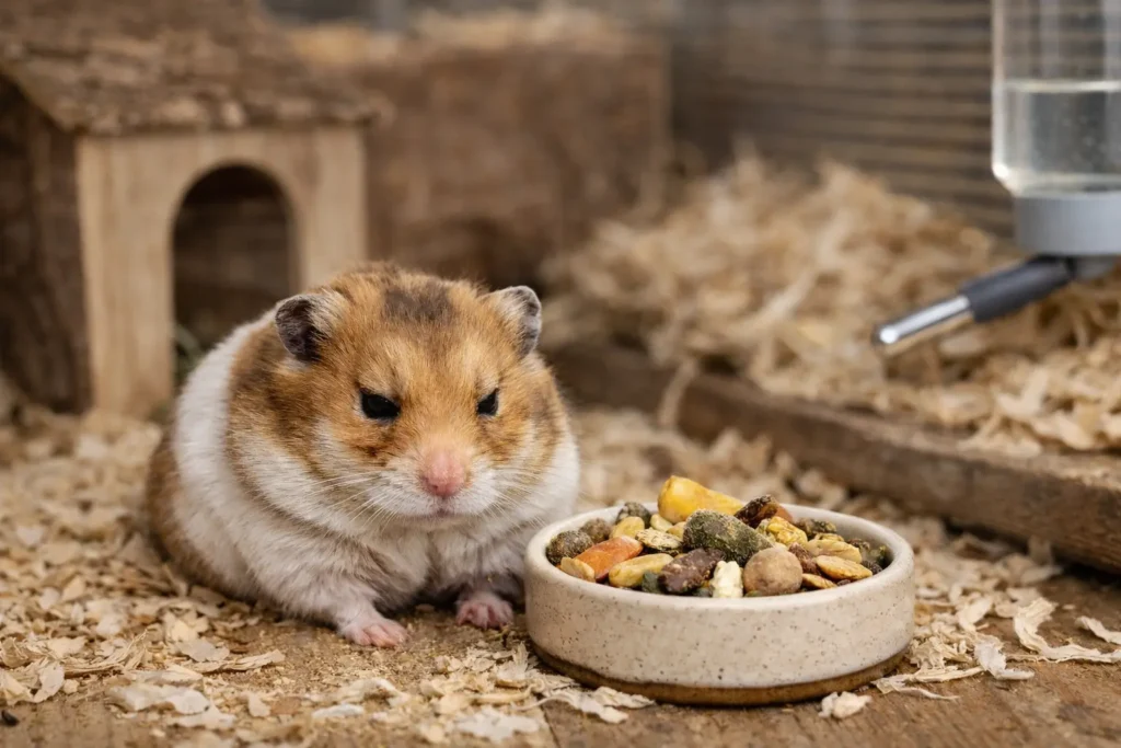 Hamster sitzt apathisch vor vollem Futternapf im Gehege